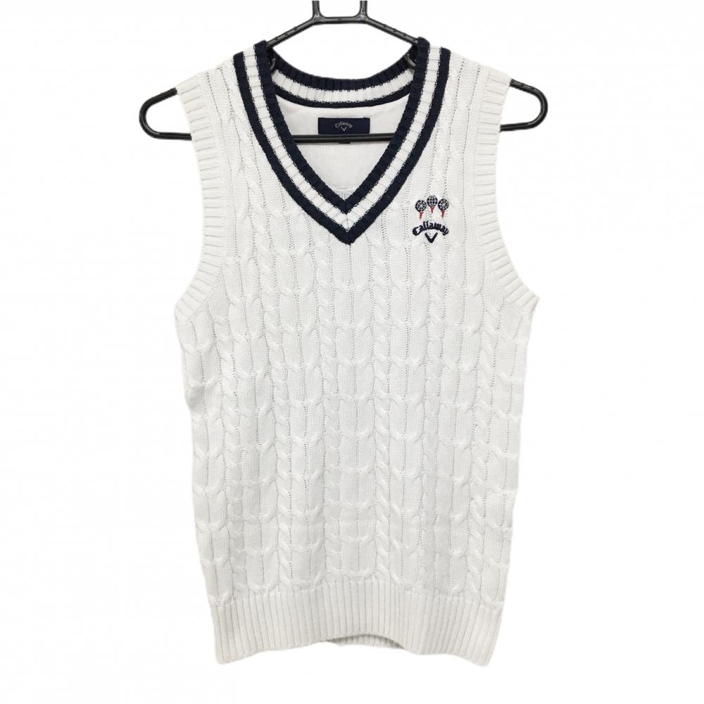 【美品】キャロウェイ ニットベスト 白×ネイビー ケーブル編み ウール混 Vネック レディース L ゴルフウェア Callaway