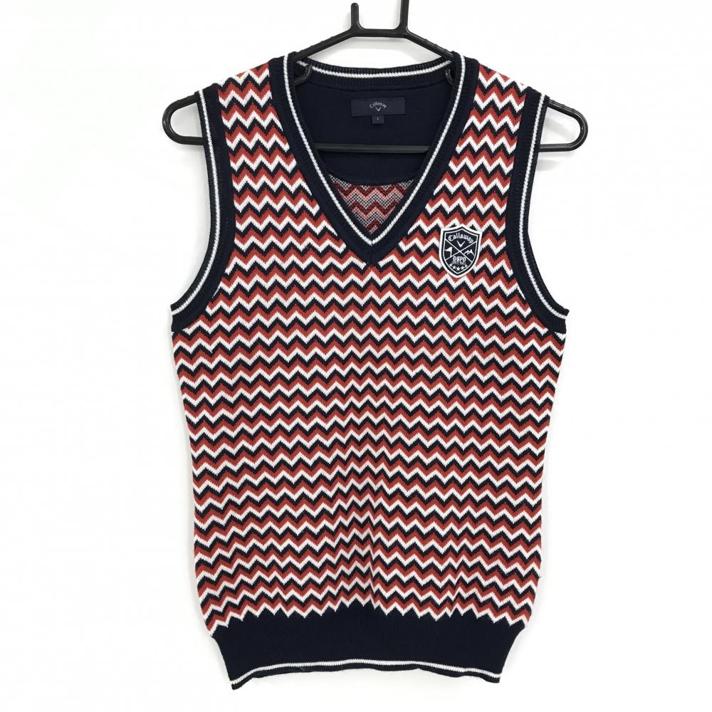 【超美品】キャロウェイ ニットベスト ネイビー×レッド×白 ジグザグ柄 ウール混 レディース L ゴルフウェア Callaway