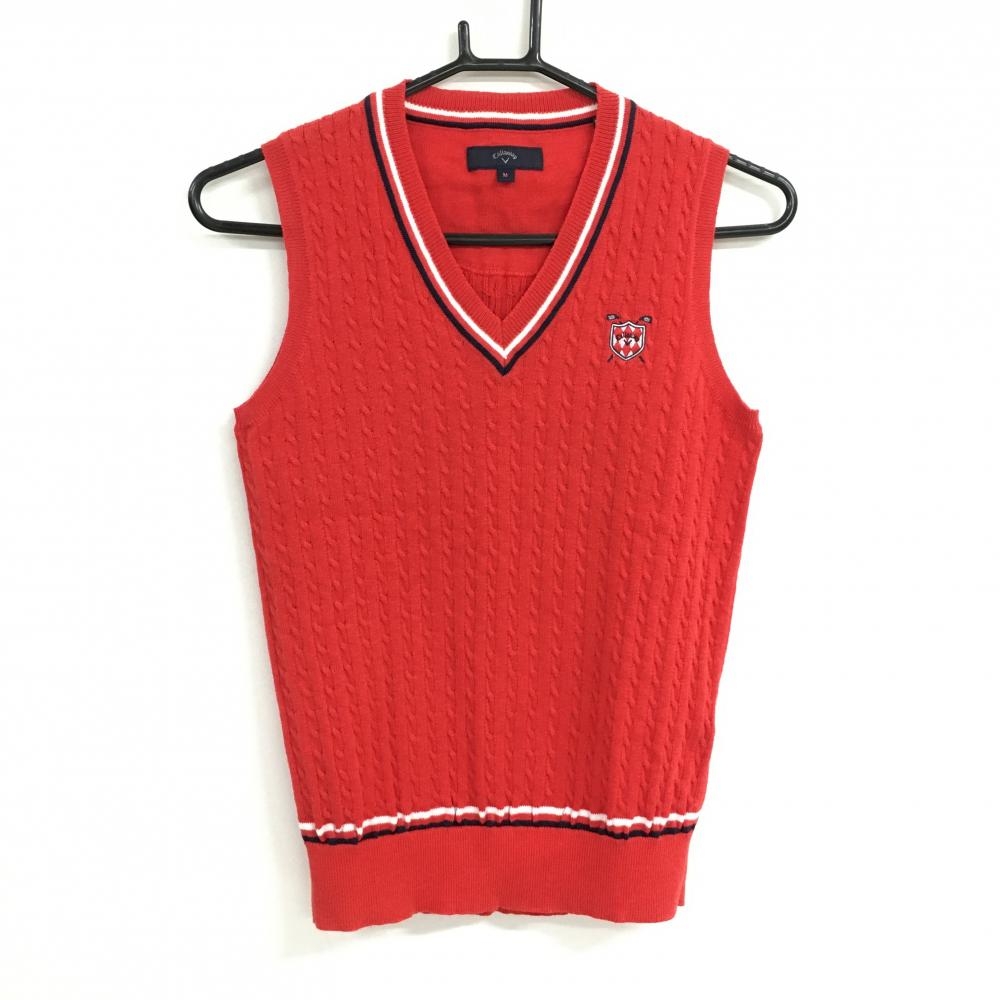 キャロウェイ ニットベスト レッド ケーブル編み Vネック ワッペン レディース M ゴルフウェア Callaway
