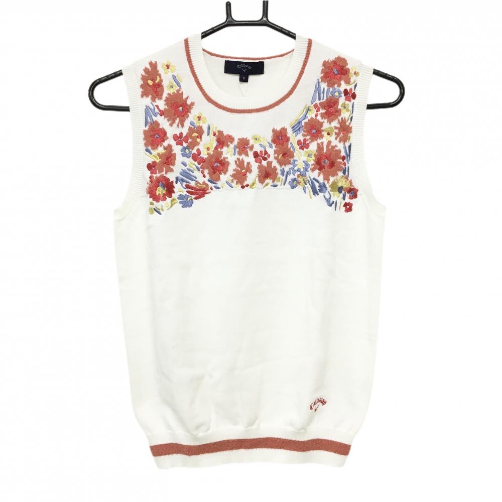 【新品】キャロウェイ ニットベスト 白×ピンク系 前上部花刺しゅう コットン混 レディース S ゴルフウェア Callaway