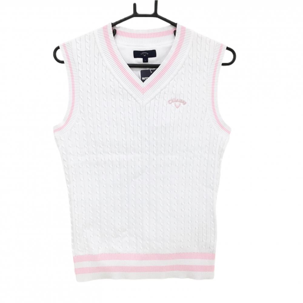 【新品】キャロウェイ ニットベスト 白×ピンク ケーブル編み 撥水 レディース L ゴルフウェア Callaway