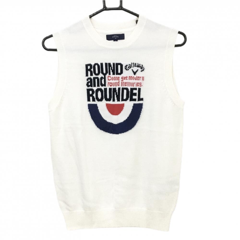 【超美品】キャロウェイ ニットベスト 白×ネイビー フロント英字 ウール混 レディース LL ゴルフウェア Callaway