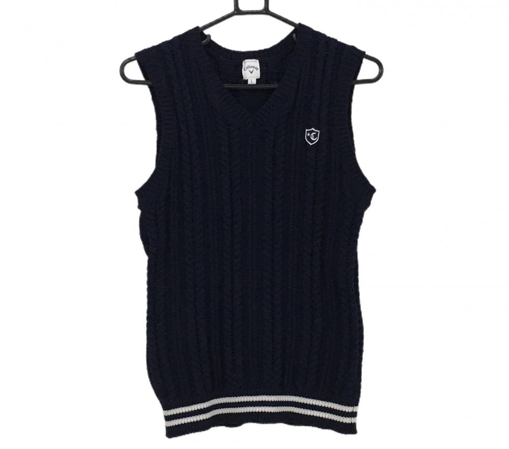 【美品】キャロウェイ ニットベスト ネイビー×白 ケーブル編み Vネック レディース L ゴルフウェア Callaway