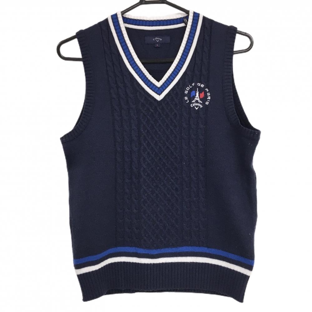 キャロウェイ ニットベスト ネイビー×白 ケーブル編み Vネック ロゴ刺しゅう ウール混 レディース L ゴルフウェア Callaway