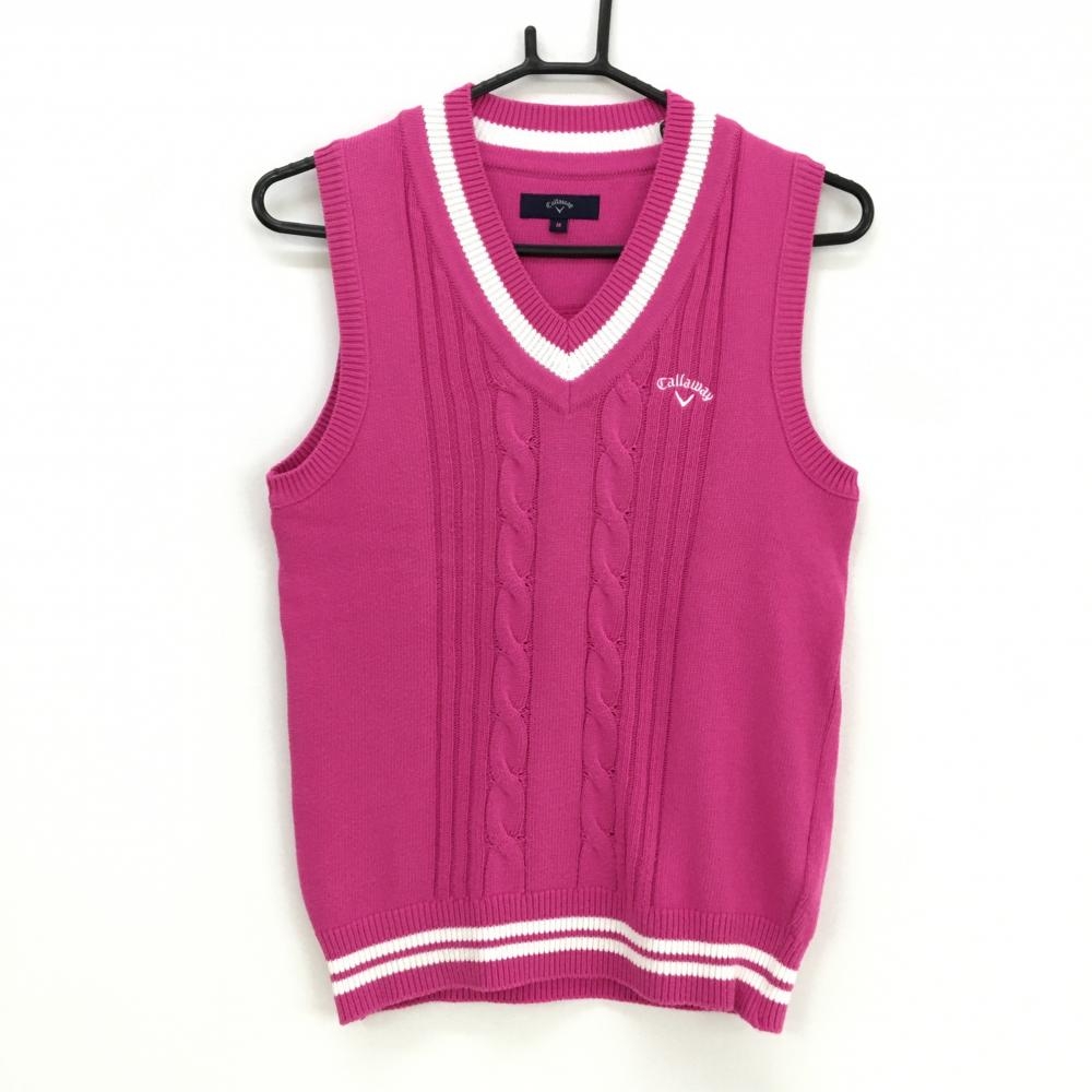 【美品】キャロウェイ ニットベスト ピンク×白 ケーブル編み Vネック ロゴ刺しゅう レディース M ゴルフウェア Callaway