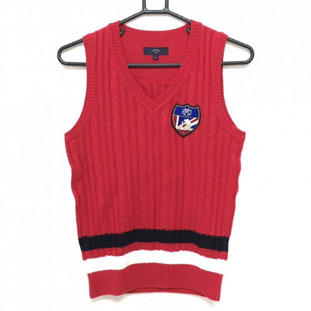 【美品】キャロウェイ ニットベスト レッド×ネイビー Vネック ケーブル編み  レディース M ゴルフウェア Callaway