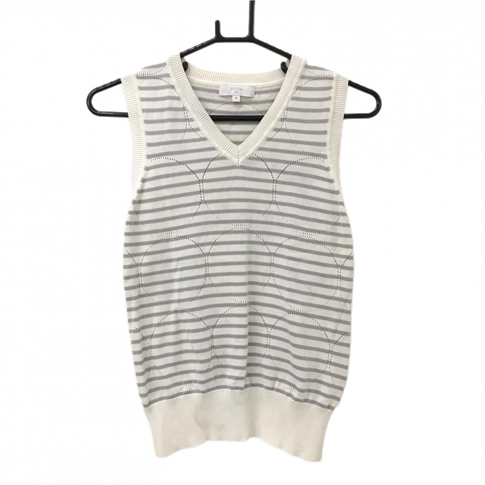 キャロウェイ ニットベスト 白×グレー ボーダー Vネック レディース M ゴルフウェア Callaway