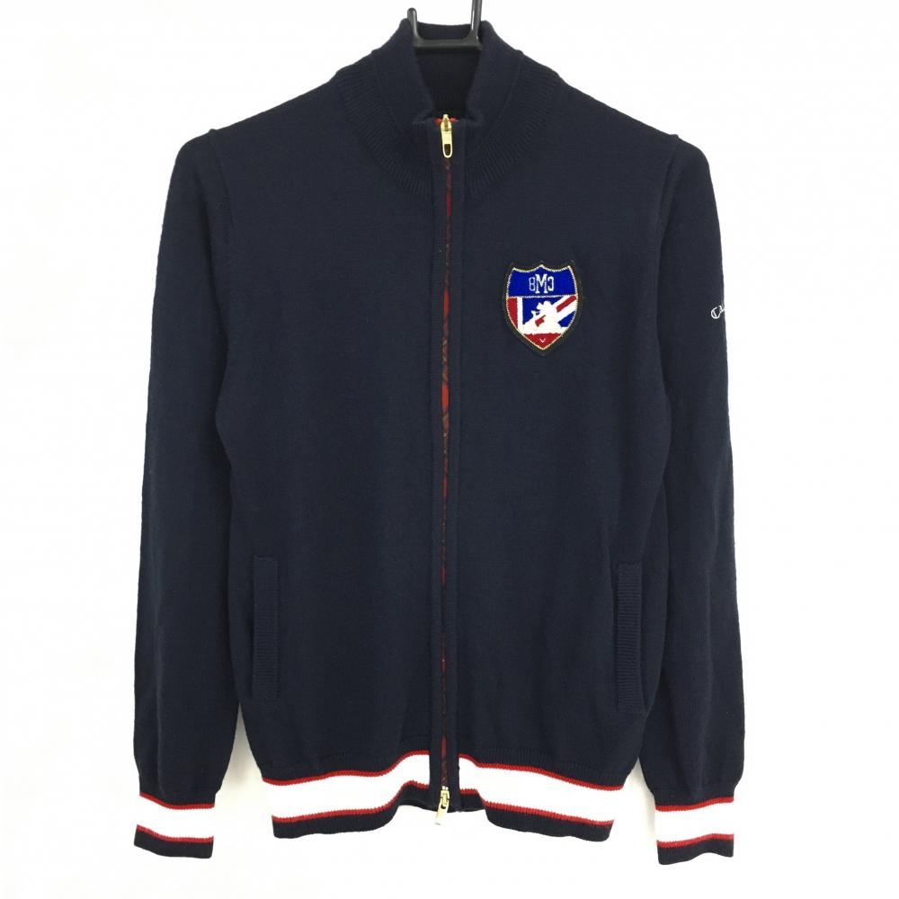 キャロウェイ ニットジャケット ネイビー×白 胸元ワッペン 袖ロゴ刺しゅう ダブルジップ   レディース L ゴルフウェア Callaway