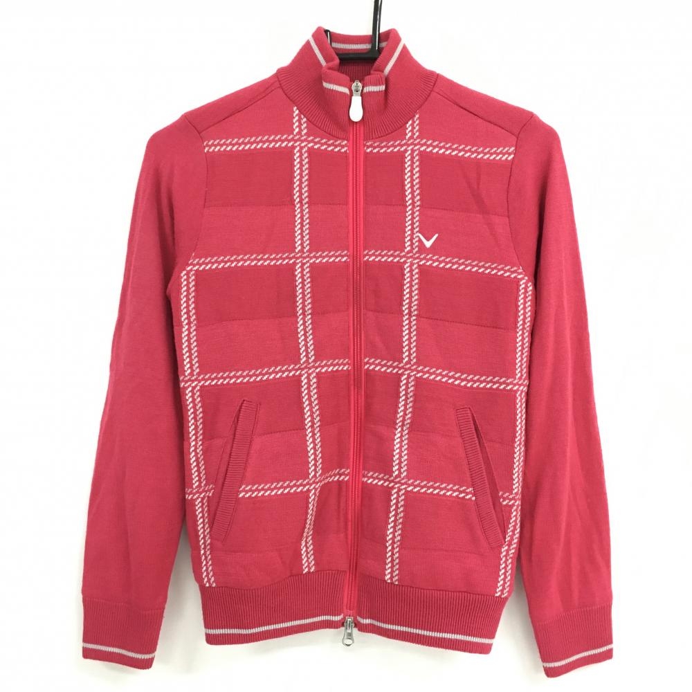 キャロウェイ ニットジャケットブルゾン ピンク×白 格子柄 ロゴ刺しゅう ウール混  レディース S ゴルフウェア Callaway