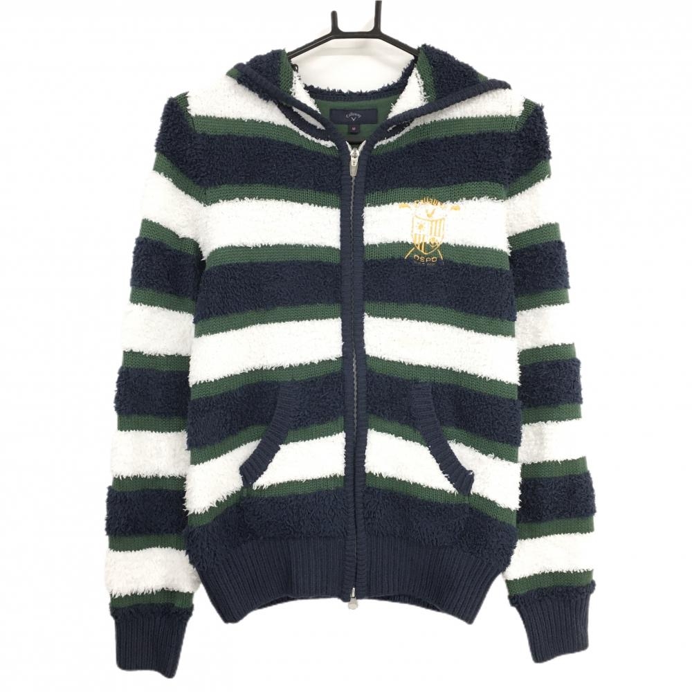 キャロウェイ ニットパーカー 一部ボア ボーダー柄 ウール混 レディース M ゴルフウェア Callaway