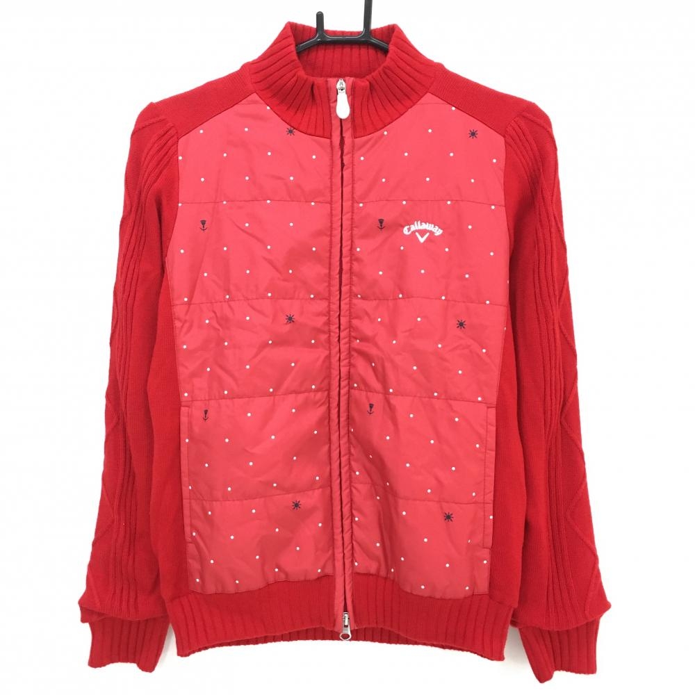 【超美品】キャロウェイ 切替ニットジャケット レッド×白 身頃ドット ロゴ刺しゅう  レディース M ゴルフウェア サンプル品 Callaway