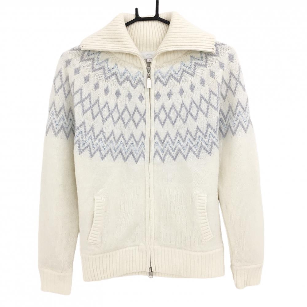 キャロウェイ ニットジャケット アイボリー×グレー ラメ糸 裏地付き ウール混 レディース L ゴルフウェア Callaway