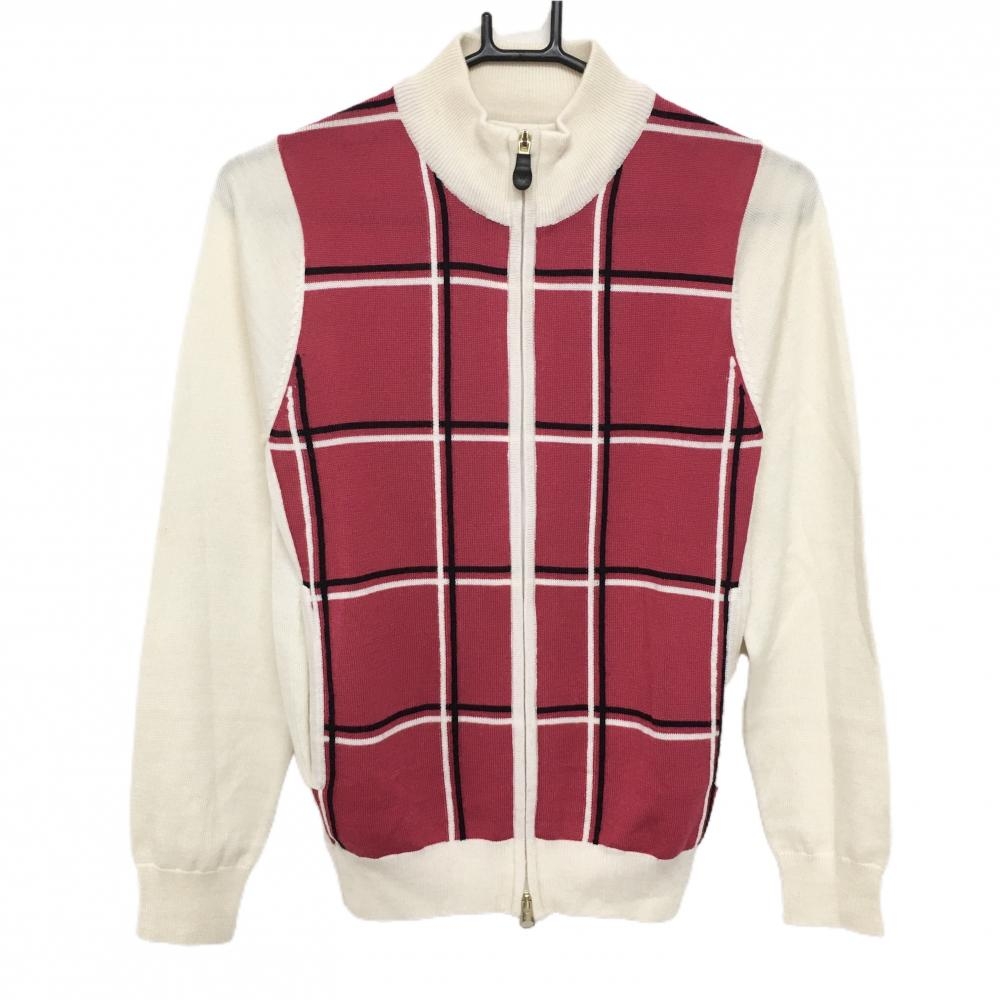 【美品】キャロウェイ ニットジャケット ピンク×アイボリー×黒 前身頃格子柄 ウール混 レディース M ゴルフウェア Callaway