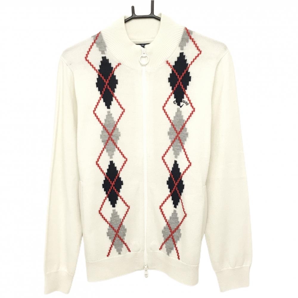 キャロウェイ ニットジャケット 白×ネイビー アーガイル柄 ロゴ刺しゅう ウール混 レディース LL ゴルフウェア Callaway