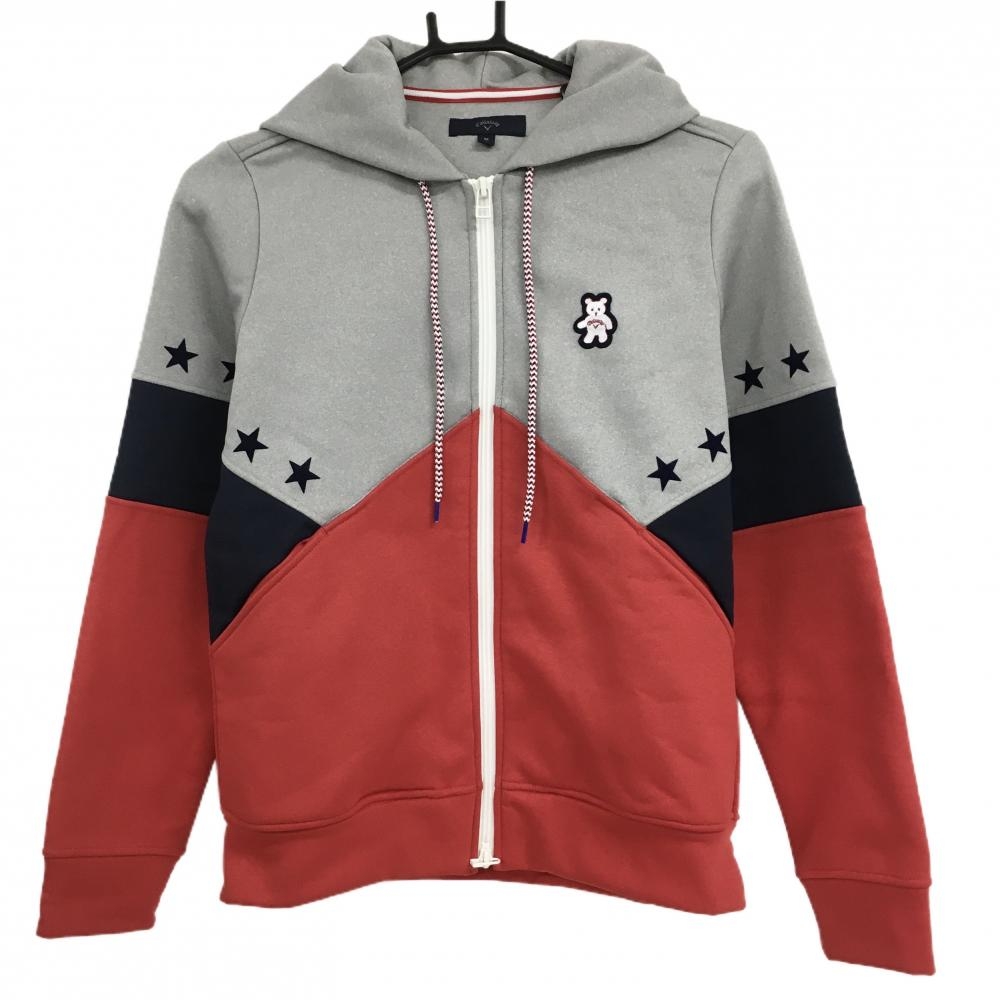 【超美品】キャロウェイ ジップパーカー グレー×レッド ベアワッペン 星 裏微起毛 レディース M ゴルフウェア Callaway