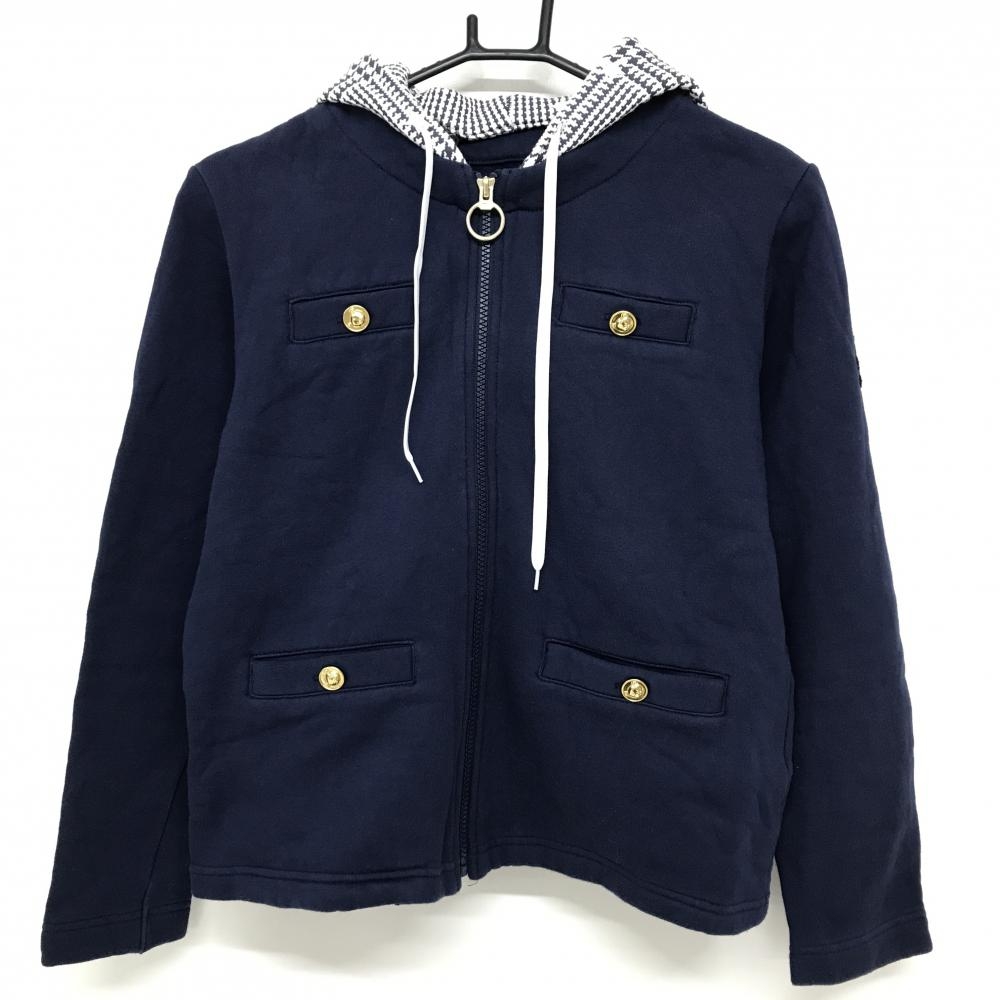 キャロウェイ 2WAYフード付ジャケット ネイビー×白 フードグレンチェック×星柄 裏起毛 ベア レディース L ゴルフウェア Callaway