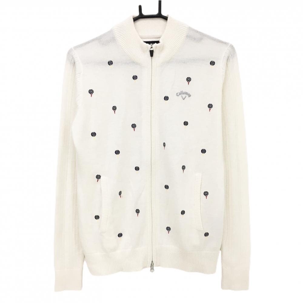 【超美品】キャロウェイ ニットジャケット 白×ネイビー 前身頃刺しゅう総柄  レディース L ゴルフウェア Callaway