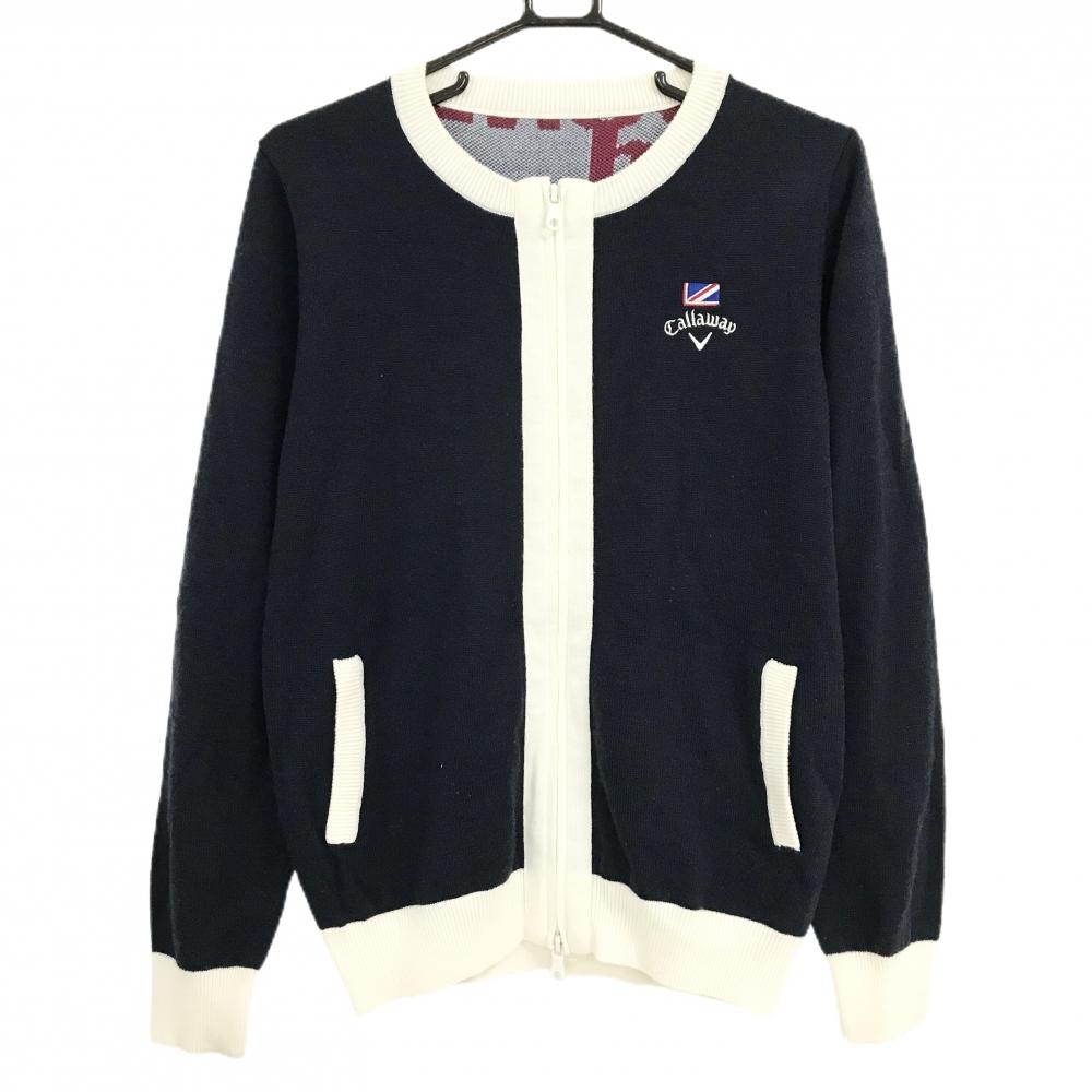 キャロウェイ ノーカラーニットジャケット ネイビー×白 ロゴ刺しゅう ウール混  レディース LL ゴルフウェア Callaway