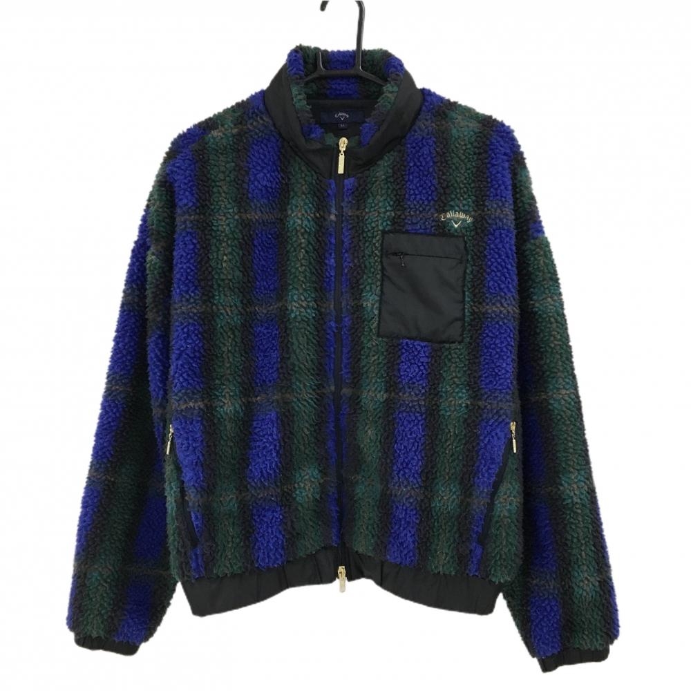 キャロウェイ ボアジャケット ブルー×グリーン ストライプ調 格子 ダブルジップ レディース LL ゴルフウェア Callaway