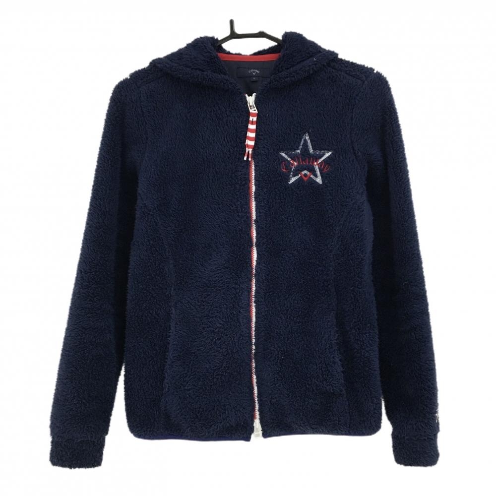 【美品】キャロウェイ ボアジップジャケット ネイビー×白×レッド フード柄 胸ロゴ  レディース L ゴルフウェア Callaway