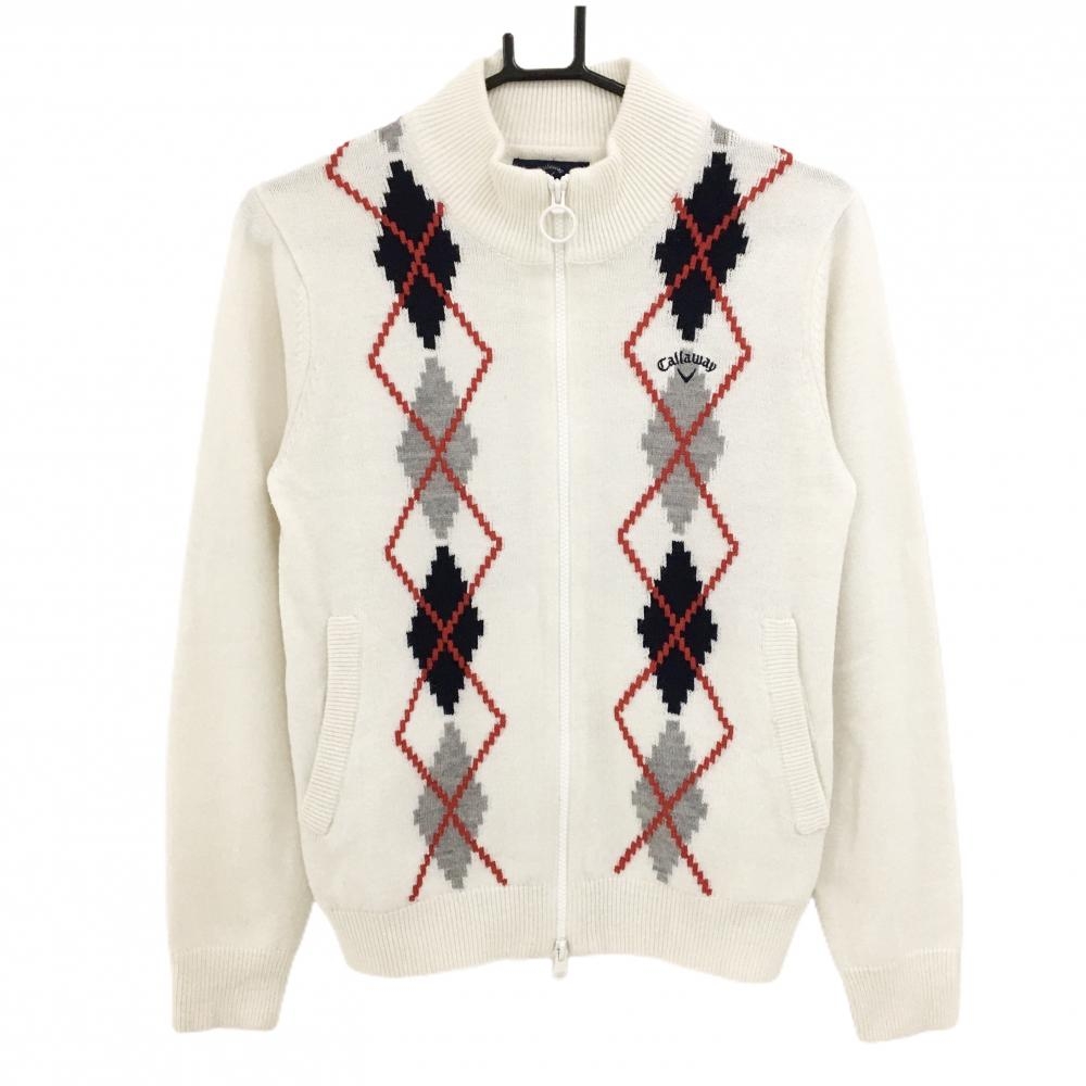 【美品】キャロウェイ ニットジャケット 白×レッド×ネイビー 前面アーガイル調 ウール混  レディース M ゴルフウェア Callaway