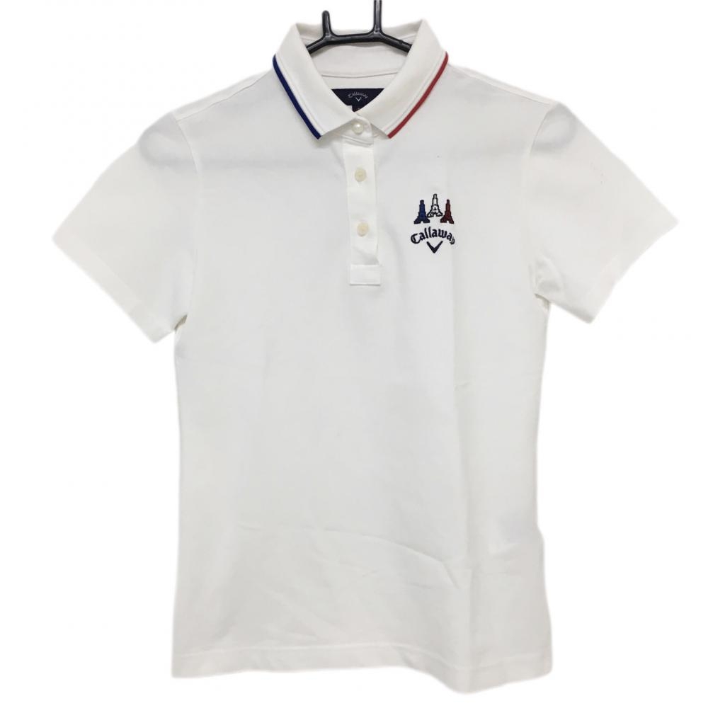 キャロウェイ 半袖ポロシャツ 白×ネイビー 胸元ロゴ刺しゅう レディース S ゴルフウェア Callaway 画像