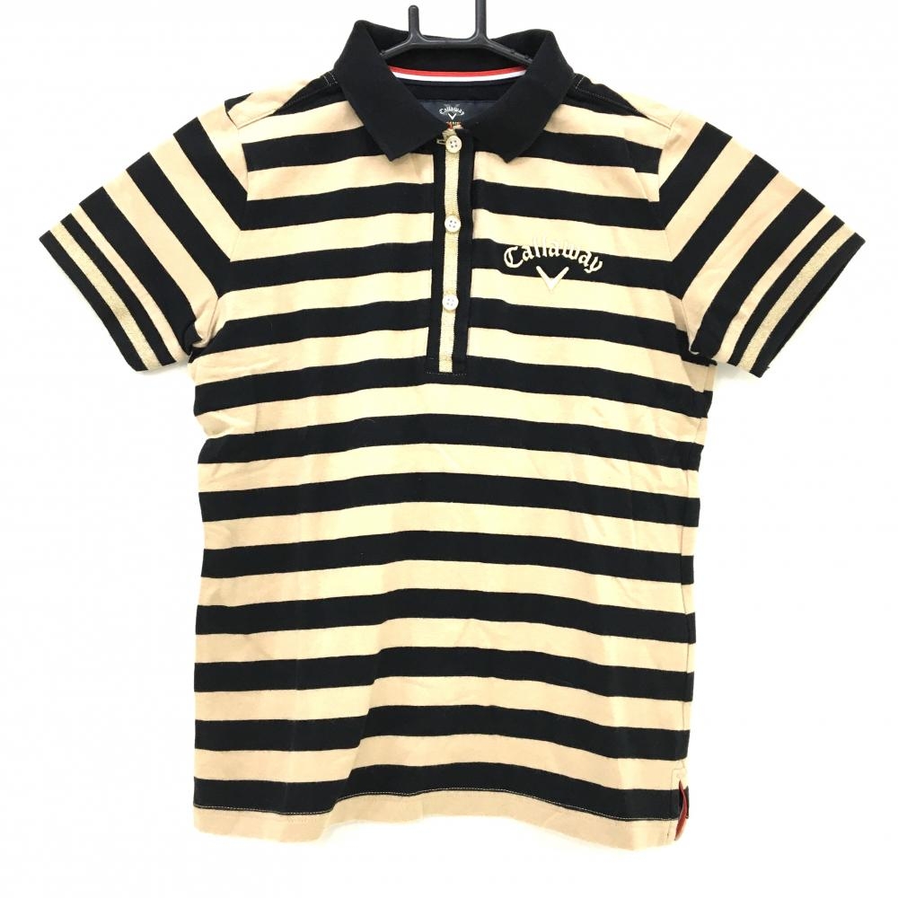 【美品】キャロウェイ 半袖ポロシャツ ベージュ×黒 ボーダー DRYSPORT ラメ糸 レディース S ゴルフウェア Callaway