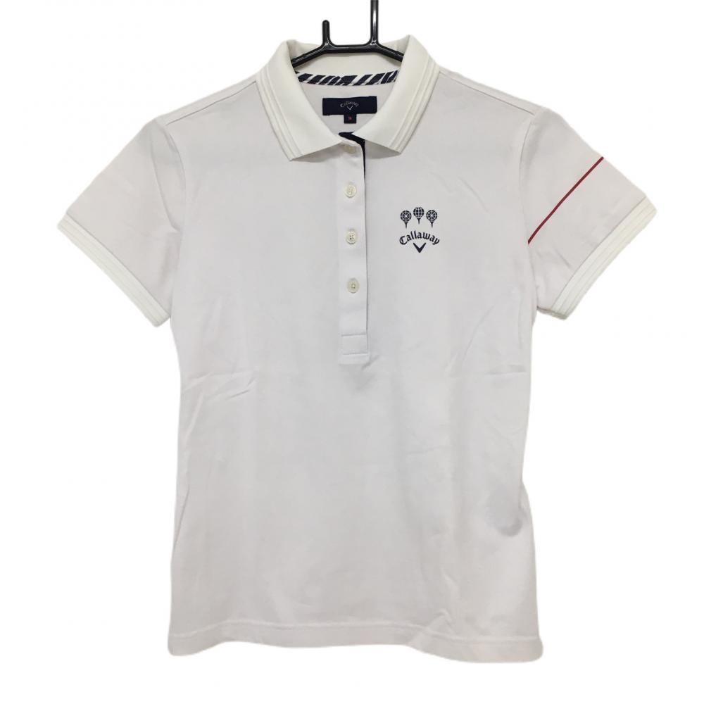 【美品】キャロウェイ 半袖ポロシャツ 白 ロゴネイビー レディース M ゴルフウェア Callaway