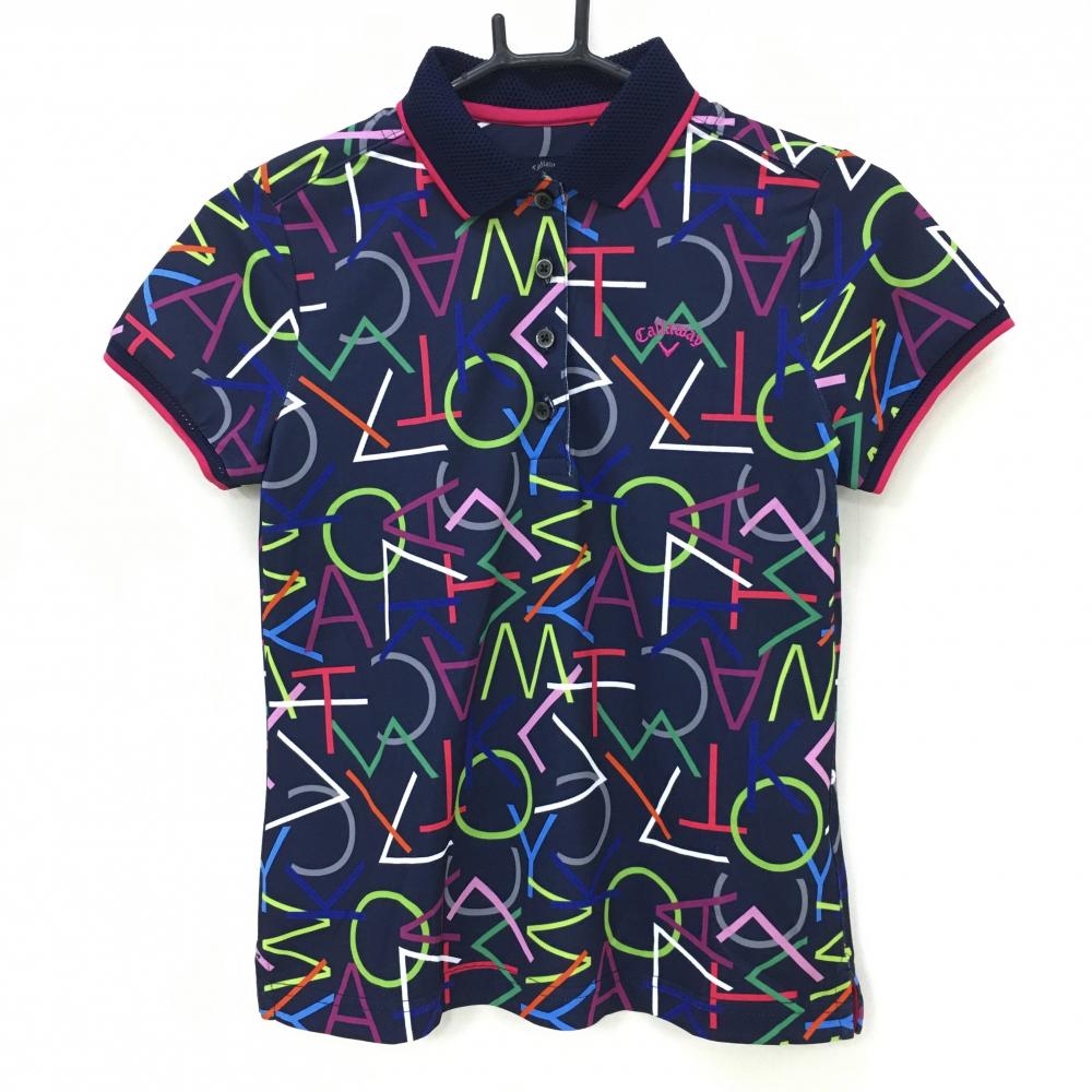 【超美品】キャロウェイ 半袖ポロシャツ ネイビー×マルチ 英字総柄  レディース S ゴルフウェア Callaway