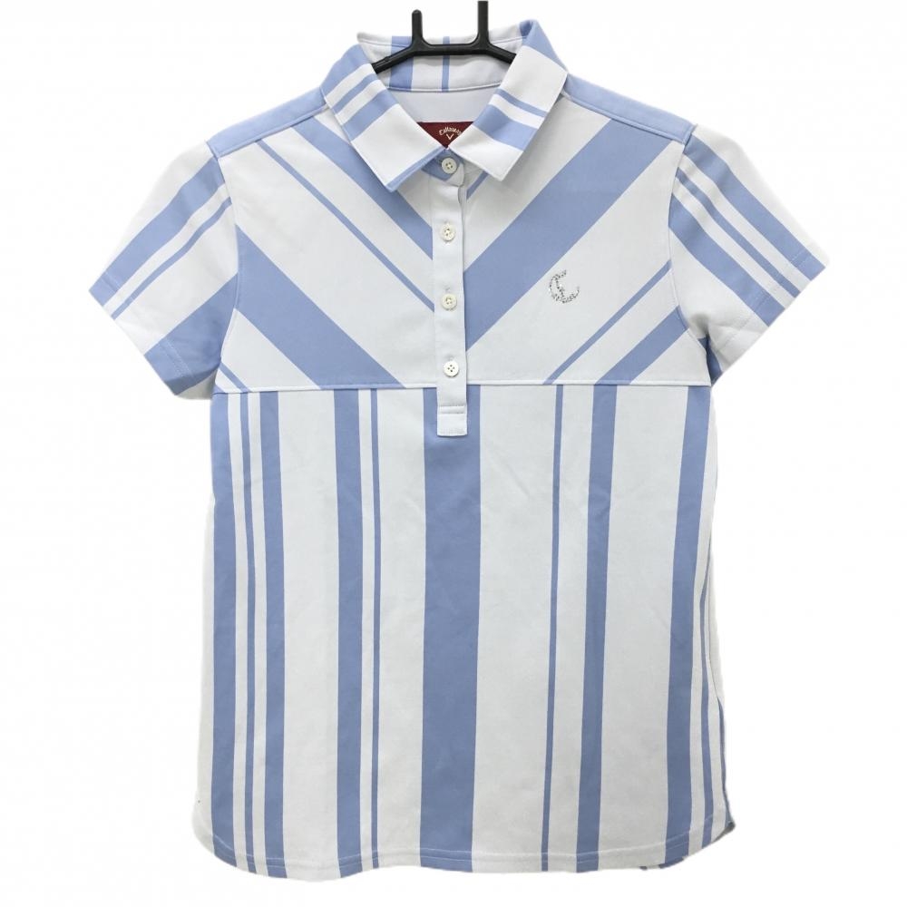 【超美品】キャロウェイレッドレーベル 半袖ポロシャツ ライトブルー×白 ボーダー風 ラインストーン レディース S ゴルフウェア Callaway