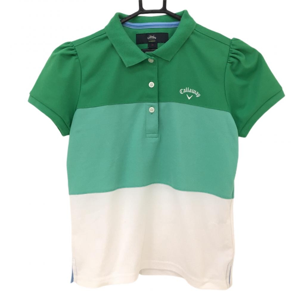 キャロウェイ 半袖ポロシャツ グリーン×白 パフスリーブ ロゴ刺しゅう  レディース Ｍ ゴルフウェア Callaway