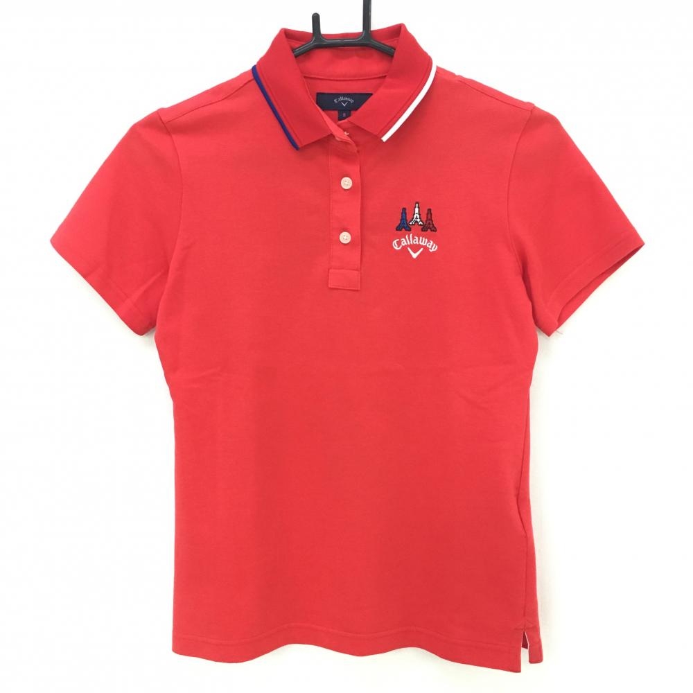 【超美品】キャロウェイ 半袖ポロシャツ レッド×白 ロゴ刺しゅう エッフェル塔  レディース Ｓ ゴルフウェア Callaway
