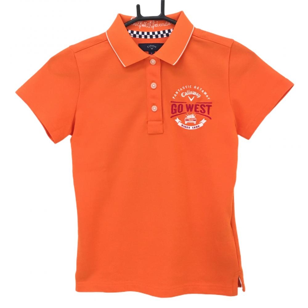 【超美品】キャロウェイ 半袖ポロシャツ オレンジ×白 ロゴ刺しゅう 襟ライン  レディース Ｓ ゴルフウェア Callaway
