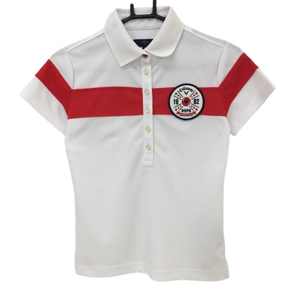 【美品】キャロウェイ 半袖ポロシャツ 白×レッド 胸ワッペン 襟メッシュ 襟引っ掛かり、汚れ小 レディース Ｓ ゴルフウェア Callaway
