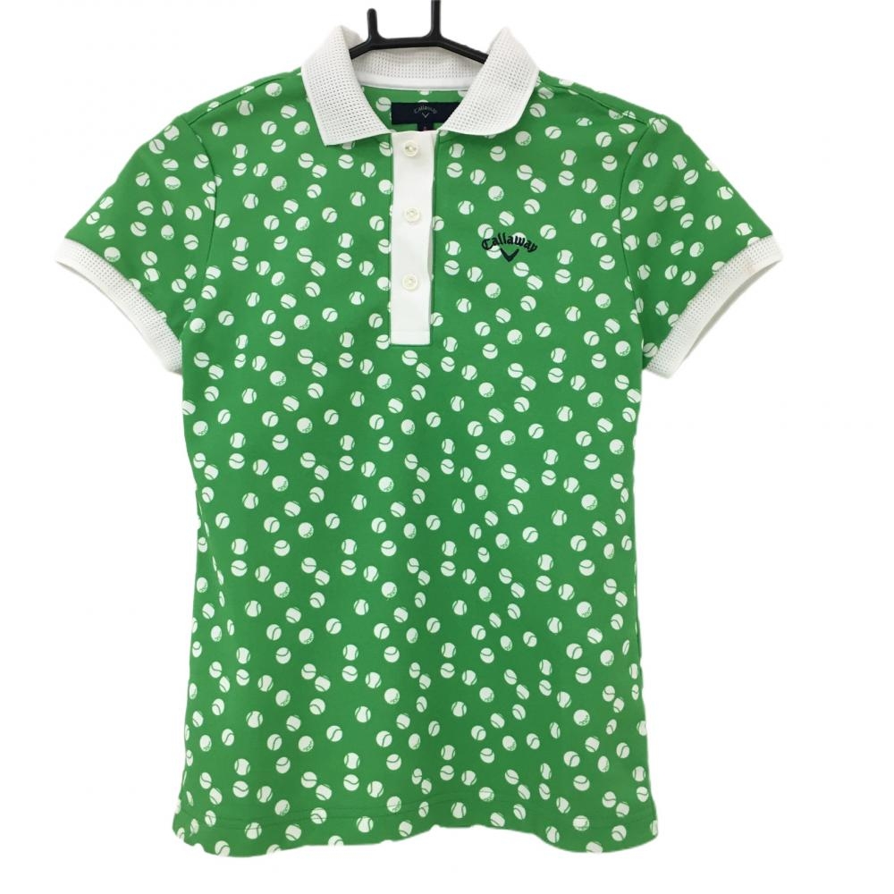 キャロウェイ 半袖ポロシャツ グリーン×白 ボール柄 ロゴ刺しゅう  レディース S ゴルフウェア Callaway
