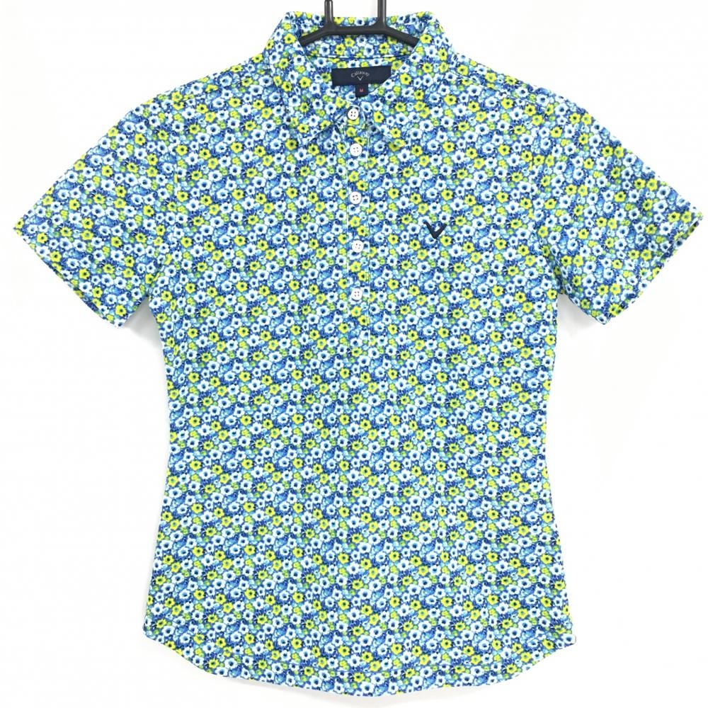 【超美品】キャロウェイ 半袖ポロシャツ ブルー×イエロー 花柄 レディース M ゴルフウェア Callaway