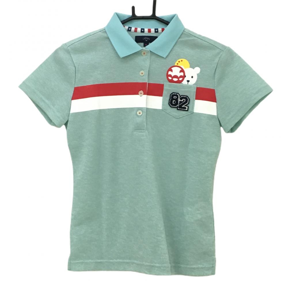 【美品】キャロウェイ 半袖ポロシャツ ライトブルー×白 ベア 胸元ライン パイル地ワッペン レディース M ゴルフウェア Callaway