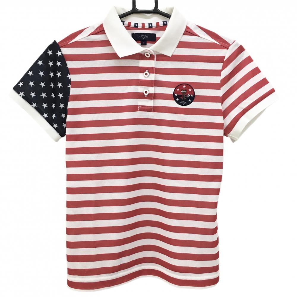 【超美品】キャロウェイ 半袖ポロシャツ レッド×白 ボーダー 袖星柄 ベア レディース M ゴルフウェア Callaway