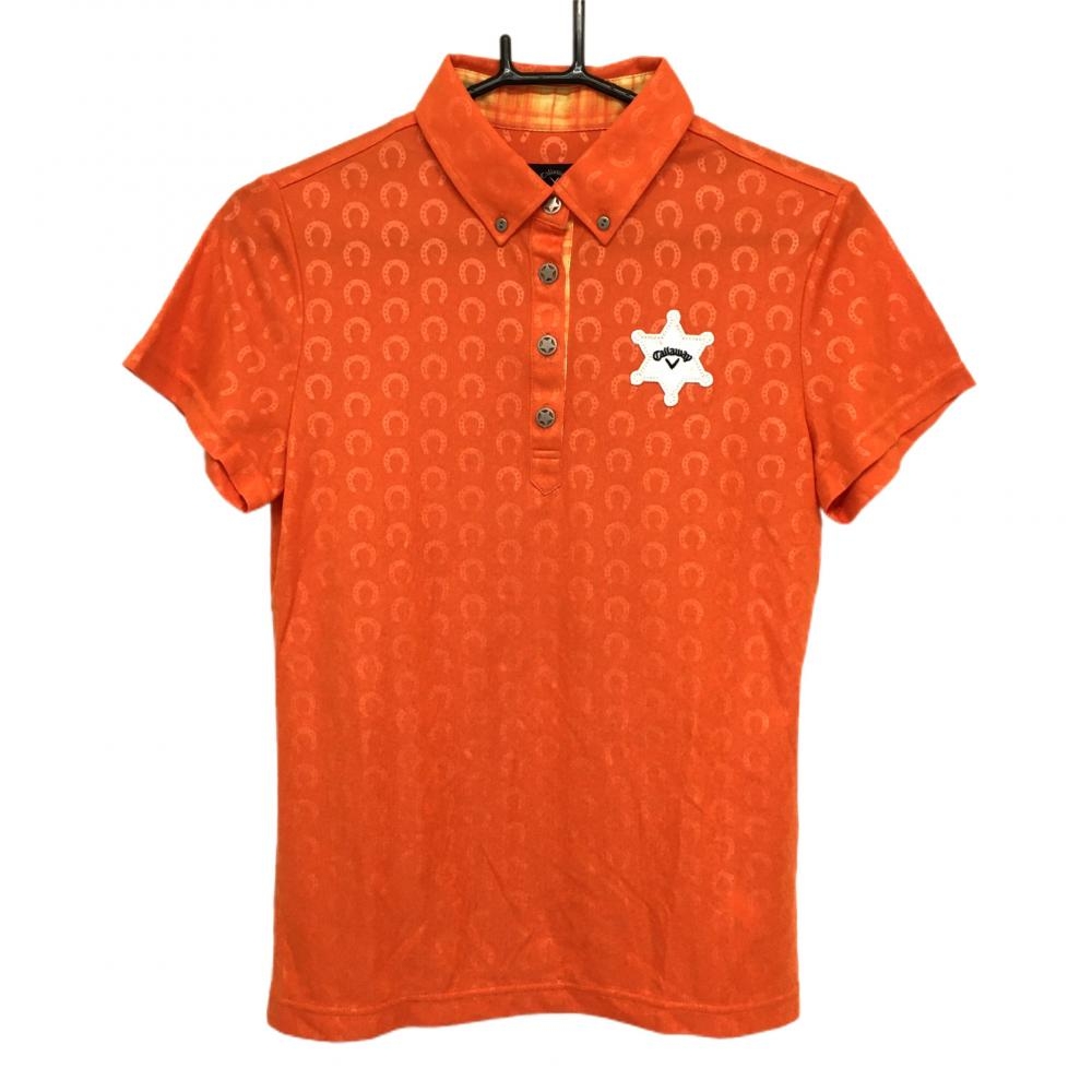 【超美品】キャロウェイ 半袖ポロシャツ オレンジ 地模様 ボタンダウン 星ボタン レディース L ゴルフウェア Callaway