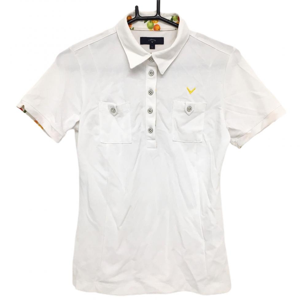 キャロウェイ 半袖ポロシャツ 白×オレンジ 内側フルーツ柄 ロゴ刺しゅう  レディース L ゴルフウェア Callaway