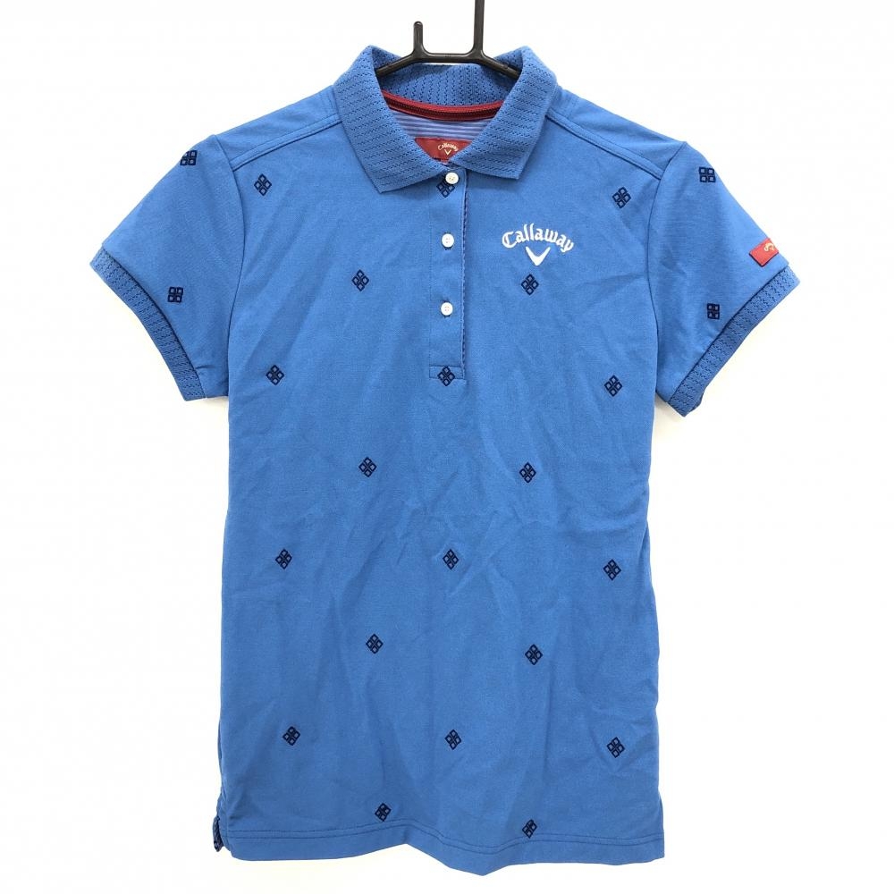 【美品】キャロウェイ 半袖ポロシャツ レッドレーベル ブルー×ネイビー 刺しゅう柄 襟異素材 レディース L ゴルフウェア Callaway