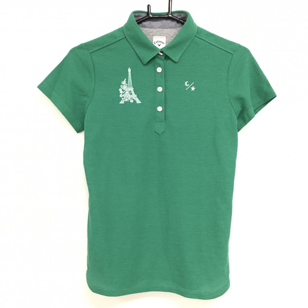 【美品】キャロウェイ 半袖ポロシャツ グリーン 刺しゅう白 ストライプ織生地 レディース M ゴルフウェア Callaway
