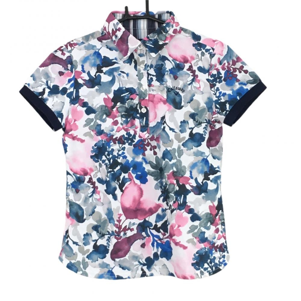 【新品】キャロウェイ 半袖ポロシャツ 白×ピンク×ネイビー 花柄 吸汗速乾 UPF50 COOLDRY レディース S ゴルフウェア Callaway