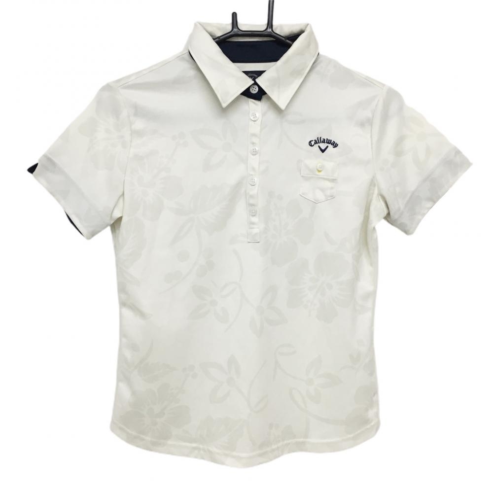 【美品】キャロウェイ 半袖ポロシャツ アイボリー×ライトグレー 花柄 ロゴ刺しゅう 腹部薄汚れ レディース Ｍ ゴルフウェア Callaway