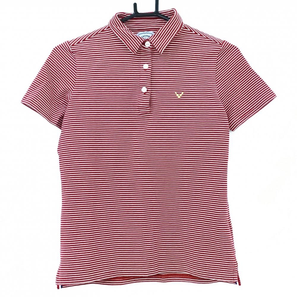 【美品】キャロウェイ 半袖ポロシャツ レッド×白×ゴールドラメ ボーダー レディース M ゴルフウェア Callaway