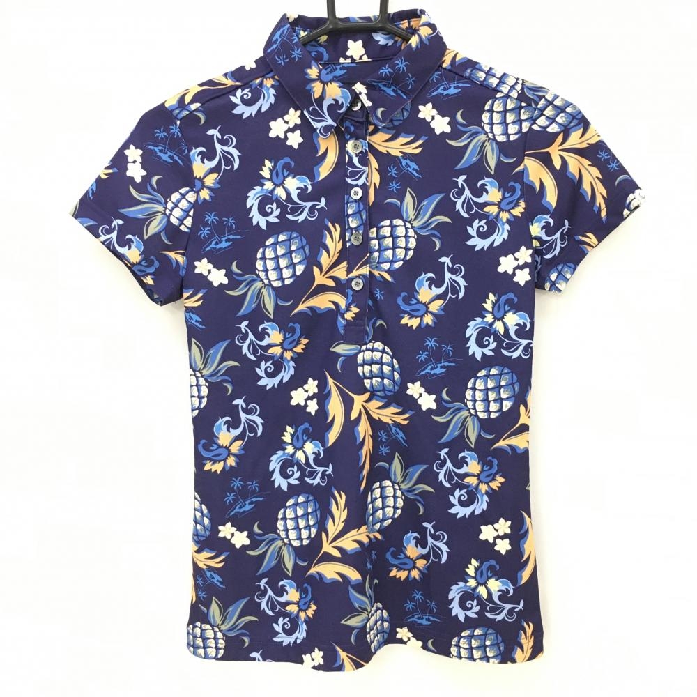 【超美品】キャロウェイ 半袖ポロシャツ ネイビー×オレンジ 総柄 パイナップル 花 レディース S ゴルフウェア Callaway