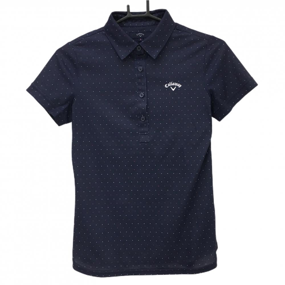 【美品】キャロウェイ 半袖ポロシャツ ネイビー×白 ドット柄 ロゴ刺しゅう レディース S ゴルフウェア Callaway