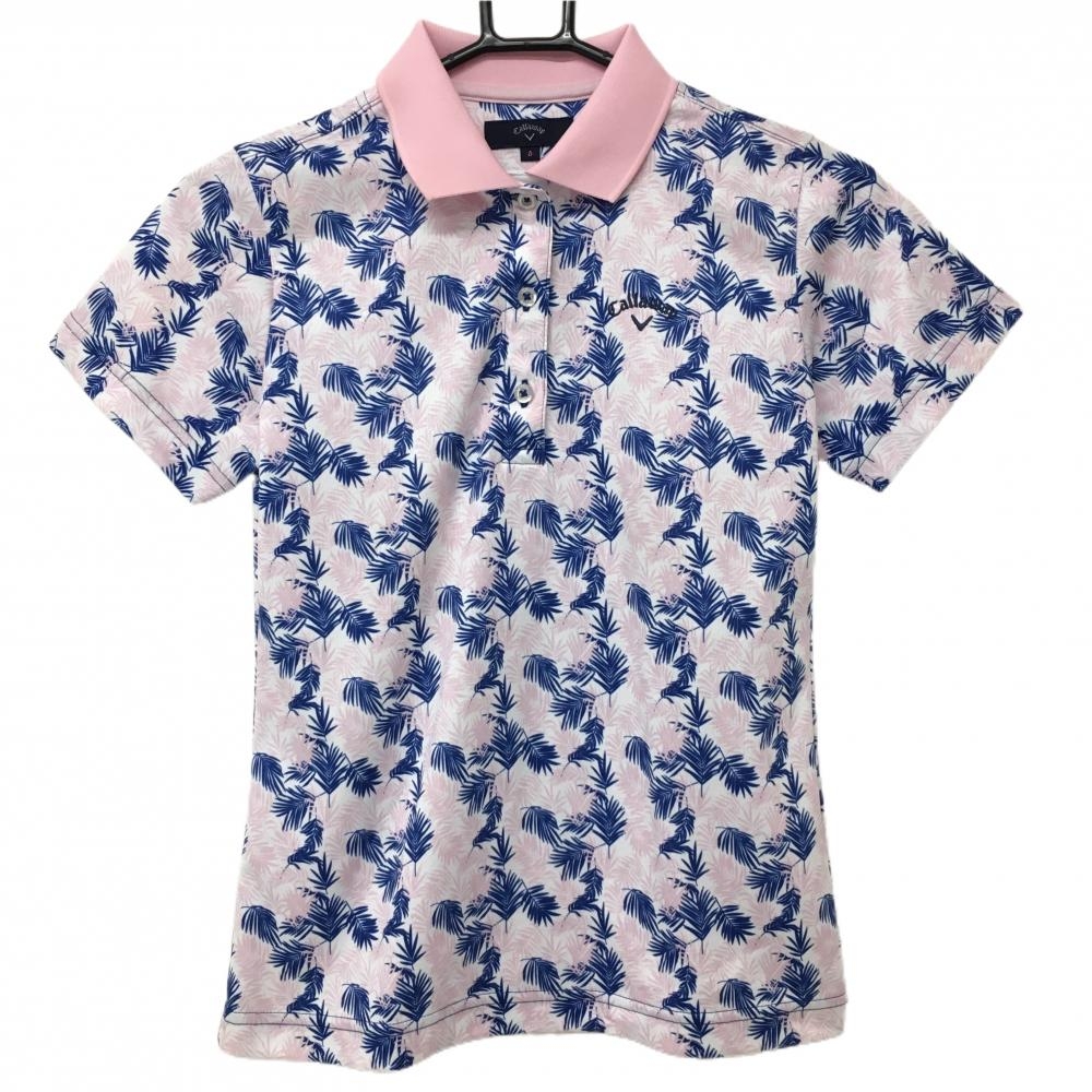 【美品】キャロウェイ 半袖ポロシャツ ピンク×ネイビー リーフ柄 織生地 ロゴ刺しゅう レディース S ゴルフウェア Callaway