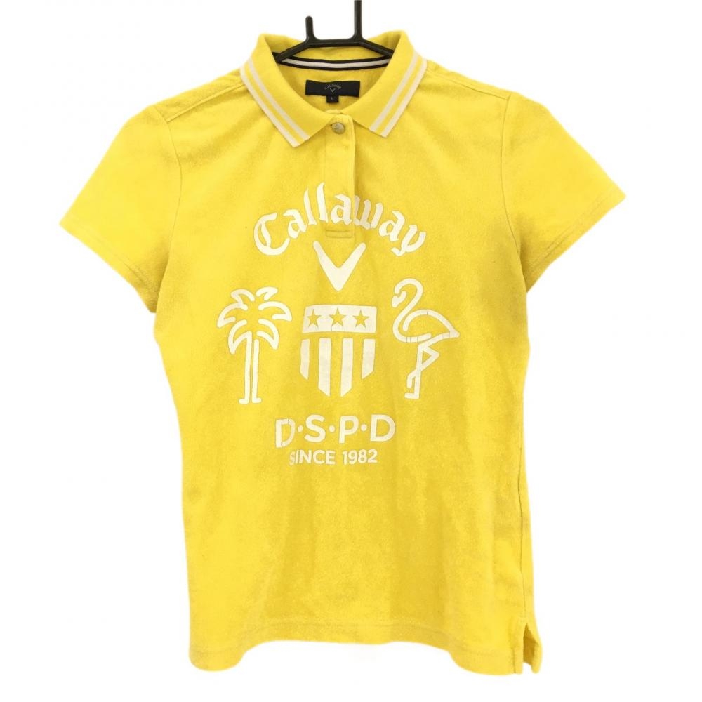 キャロウェイ 半袖ポロシャツ イエロー×白 パイル地 ロゴプリント  レディース L ゴルフウェア Callaway
