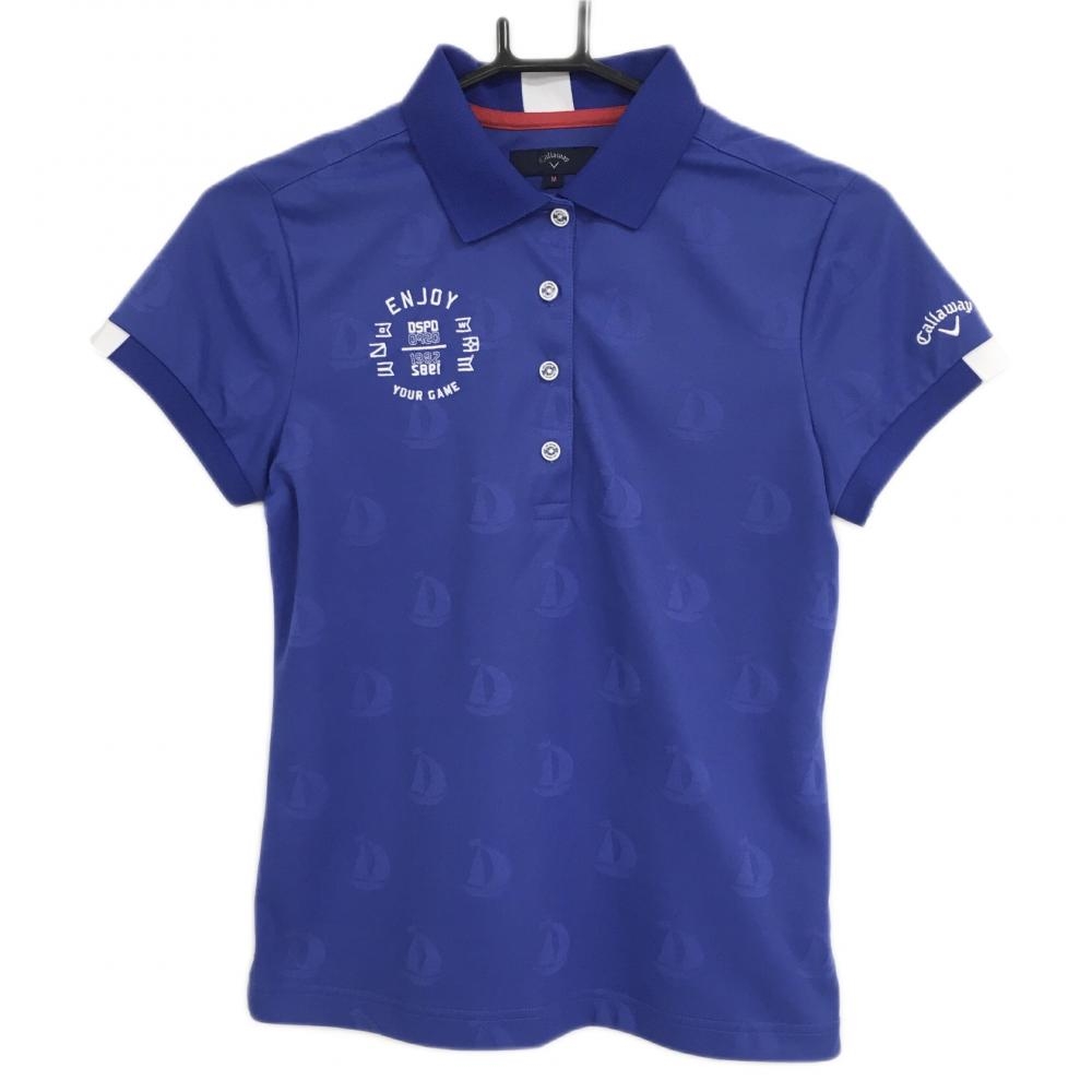 【超美品】キャロウェイ 半袖ポロシャツ ブルー ヨット柄織生地  レディース M ゴルフウェア Callaway
